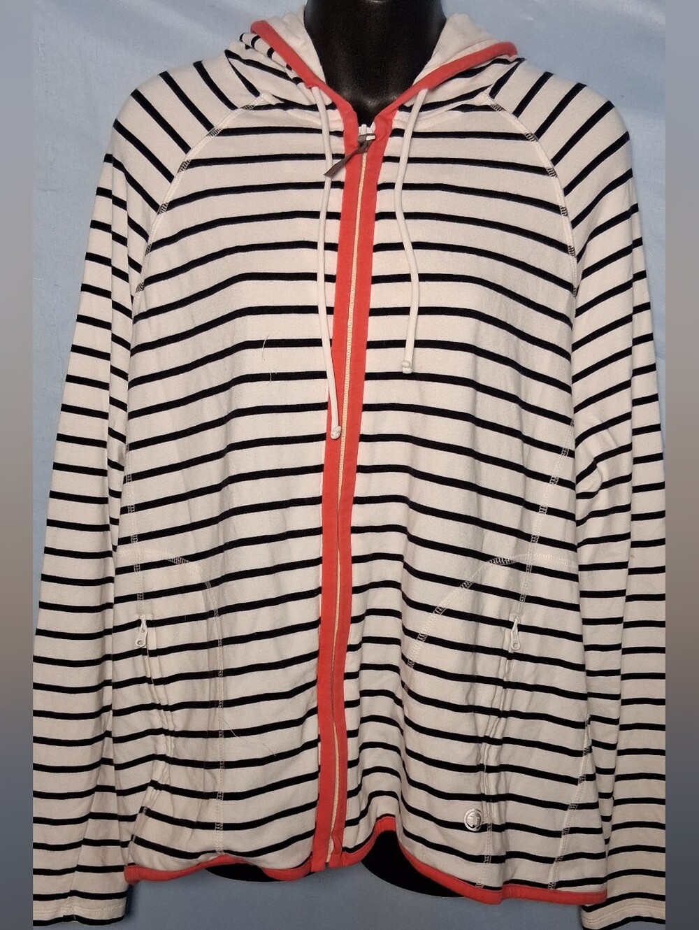 Talbots White and Black Striped Zip Hoodie with Coral Trim